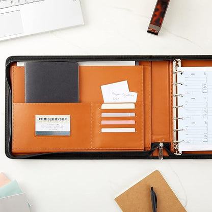 7-Ring Business Check Binder with Zipper for Checkbooks Organization, Brown Zippered Portfolio Organizer, Professional PU Leather Folder Holder for Documents, Cards (15 x 11 x 0.01 inches)