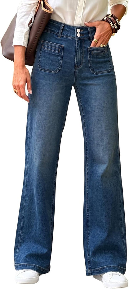 Sidefeel Women's Wide Leg Jeans High Waisted Tummy Control Stretchy Pockets Front Straight Leg Jeans