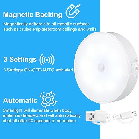 1 Pcs Magnetic Cruise Ship Motion Sensor Light with USB Cable LED Rechargeable Night Light Battery Nightlight Safe Cordless Night Light for Cruise Ship Cabin Hallway Bathroom, Warm White