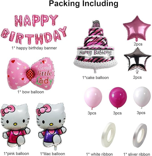 24PCS Pink Birthday Decorations, Cartoon Birthday Party Supplies, Happy Birthday Balloons Banner, Pink Theme Party Decor for Girls
