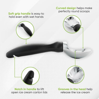 Spring Chef Heavy Duty Ice Cream Scoop with Comfortable Handle - Professional Ice Cream Scooper for Gelato, Sorbet, Cookie Dough, Melon, Frozen Yogurt - Dishwasher Safe Metal Kitchen Tool - Black