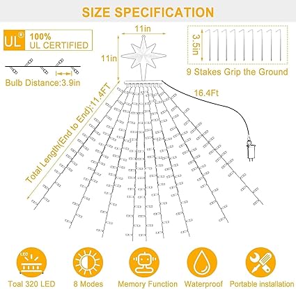 Christmas Decorations Star String Lights, 320 LEDs Outdoor Waterfall Tree Lights with 13" Topper Star, Plug in Waterproof Hanging Fairy Lights for Xmas New Year Holiday Party Yard Decor