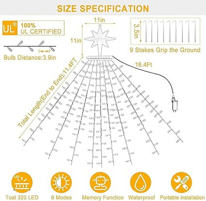 Christmas Decorations Star String Lights, 320 LEDs Outdoor Waterfall Tree Lights with 13" Topper Star, Plug in Waterproof Hanging Fairy Lights for Xmas New Year Holiday Party Yard Decor