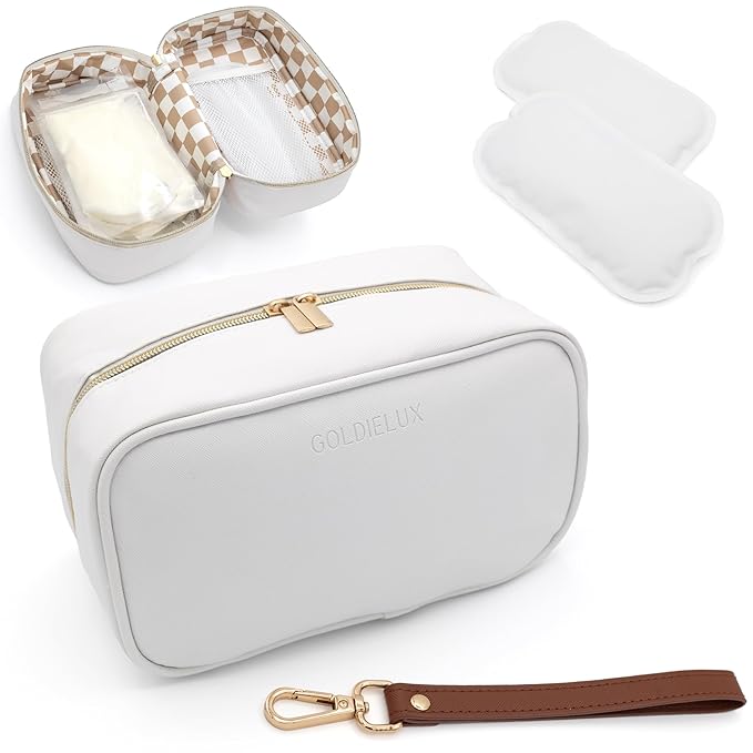 Breast Milk Cooler Travel Bag - Waterproof Breastmilk Storage Bag Cooler w/Ice Pack, Checkerboard Interior, Leather Strap, & More - Versatile Insulated Cooler Bag - Ideal Baby Travel Essentials