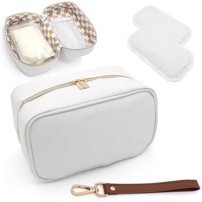 Breast Milk Cooler Travel Bag - Waterproof Breastmilk Storage Bag Cooler w/Ice Pack, Checkerboard Interior, Leather Strap, & More - Versatile Insulated Cooler Bag - Ideal Baby Travel Essentials