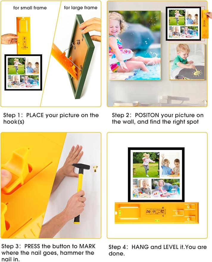 Picture Hanging Tool with Level, Goodsnova Photo Frame Hanging Tool for Easy Marking Position, Wall Hanger Helper Guide for Photo Art Painting Frame (Plastic, Yellow)