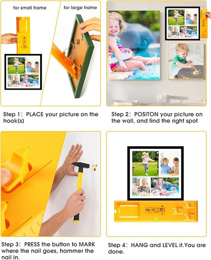 Picture Hanging Tool with Level, Goodsnova Photo Frame Hanging Tool for Easy Marking Position, Wall Hanger Helper Guide for Photo Art Painting Frame (Plastic, Yellow)