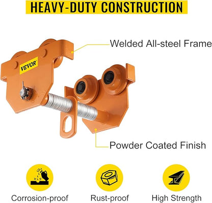 VEVOR 2200LBS 1 Push Manual 2200LBS1 Ton Load Capacity Beam Trolley with Dual Wheels 2.5-8 inch Adjustable Width, Orange