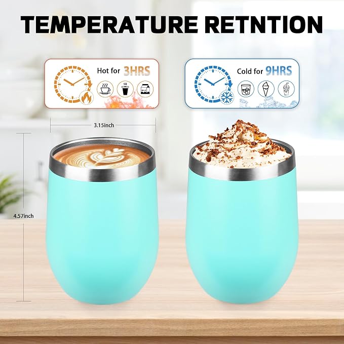 12oz Insulated Wine Tumbler with Lid,Light Green 18/8 Stainless Steel Travel Tumbler,Double Wall Coffee Cup,BPA Free Wine Glass,Coffee Mug for Cold & Hot Drinks