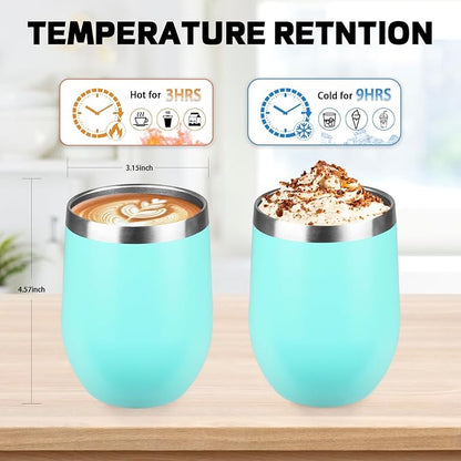 12oz Insulated Wine Tumbler with Lid,Light Green 18/8 Stainless Steel Travel Tumbler,Double Wall Coffee Cup,BPA Free Wine Glass,Coffee Mug for Cold & Hot Drinks