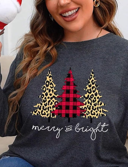 Plus Size Christmas Shirt Women Merry and Bright Long Sleeve Merry Christmas Long Sleeve Xmas T Shirts Tops