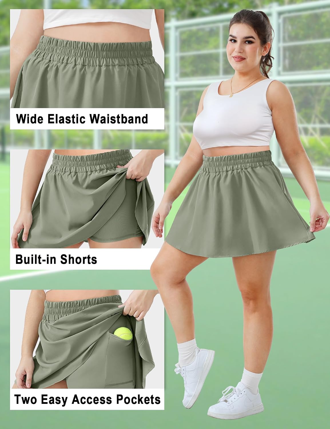 FOREYOND Plus Size Skorts for Curvy Women High Waisted Golf Tennis Skirts with Pockets Workout Athletic Skort Skirt.