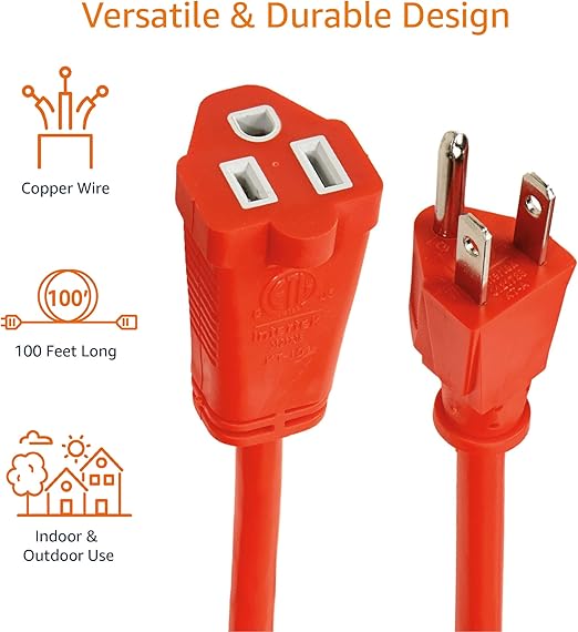 Basics Heavy Duty 100-Foot 3-Prong Vinyl Indoor/Outdoor Extension Cord - 10 Amps, 1250 Watts, 125 VAC - Orange