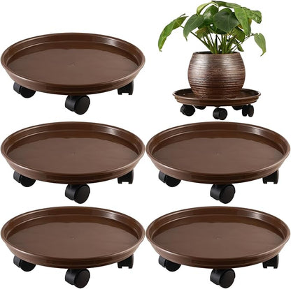 Pack of 5 extra-large plant baskets with wheels, 15-inch rolling stands, sturdy plastic roller base, brown color