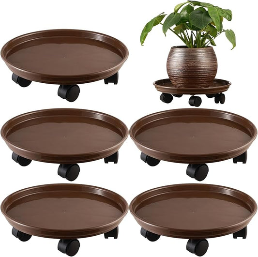 Pack of 5 extra-large plant baskets with wheels, 15-inch rolling stands, sturdy plastic roller base, brown color
