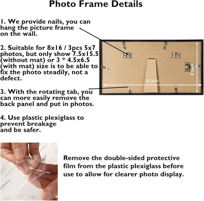 JCJMY 8x16 Picture Frame, 5x7 Collage Picture Frame, Display 3 Pcs 5x7 Photos or 8x16 Picture, 3 Opening 5x7 Collage Frame for Wall Hanging or Tabletop, Lightweight 5 x 7 Multi Photo Frame, Black