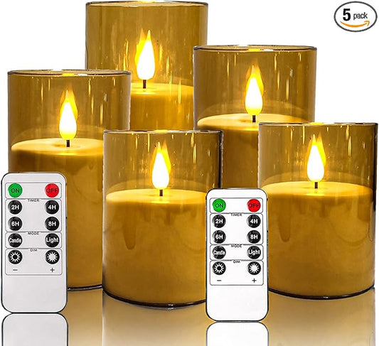 NICEME Amber Flickering Flameless Candles, Battery Operated Acrylic LED Pillar Candles with Remote Control and Timer Flameless Halloween Candles for Christmas New Year Home Decor, Set of 5