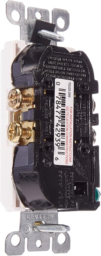 Leviton 15 Amp NEMA 5-15R 2 Pole 3-Wire Tamper Resistant Decora Duplex Receptacle, Self Grounding, T5325-SW, White