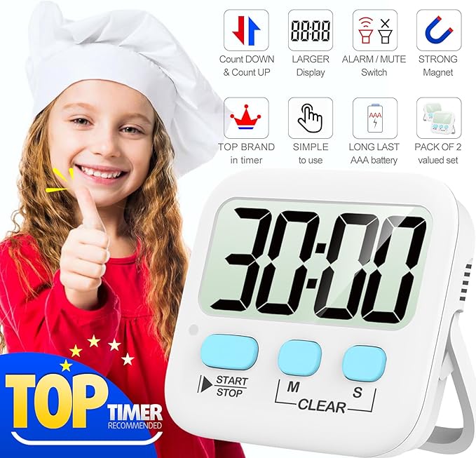Antonki Timer, 2 Pack Timer for Kids, Kitchen Timers, Digital Timer for Cooking, Egg Timer, Classroom Timer for Teacher, Magnetic Countdown Timer for Exercise, Study, Oven - Battery Included