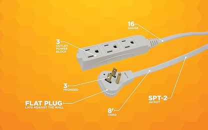 Woods SlimLine Indoor Flat Extension Cord, 8 Ft, 16 Gauge Right Angle Plug, 3 Polarized Outlets, 125 Volts, White, 2241