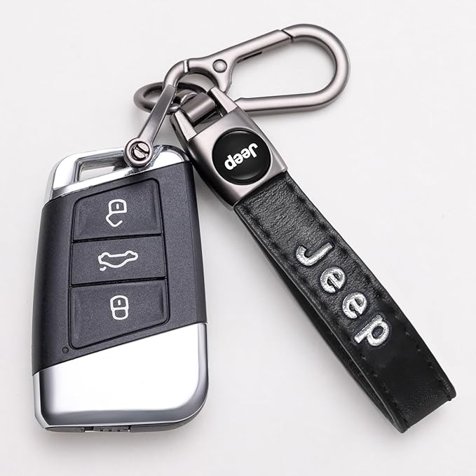 Genuine Leather car Keychain Suit for Jeep Wrangler Compass Cherokee Renegade Patriot Grand Commander Men's and Women's Key chains Keyring Lanyard Accessories Family Present Black