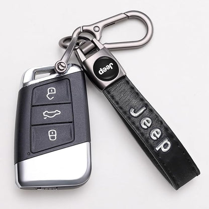 Genuine Leather car Keychain Suit for Jeep Wrangler Compass Cherokee Renegade Patriot Grand Commander Men's and Women's Key chains Keyring Lanyard Accessories Family Present Black