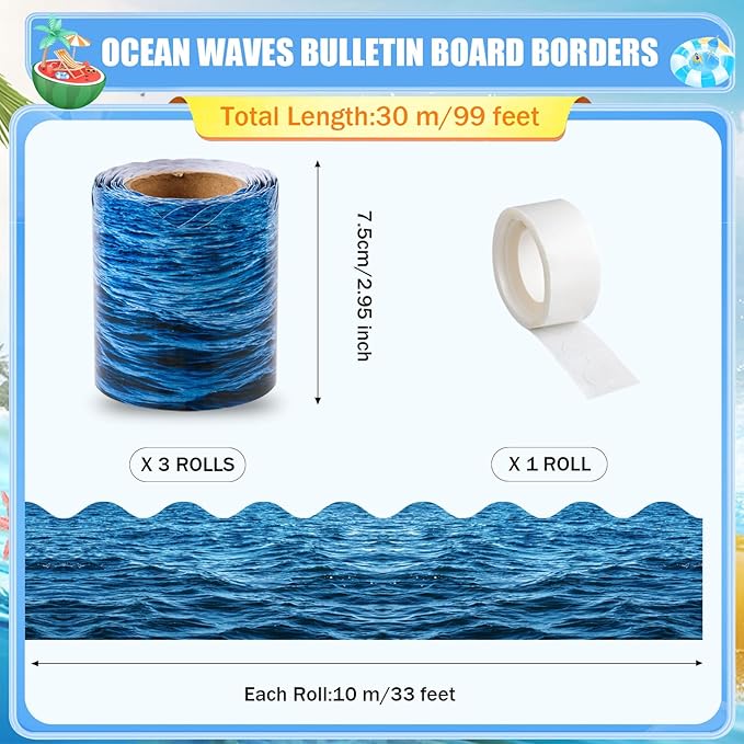 AWIZOM 99 Feet Ocean Waves Bulletin Board Border Blue Ocean Theme Scalloped Border Trim Beach Classroom Decorations for Under The Sea Summer Boho Back to School Theme Party Classroom Decor