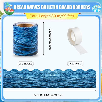AWIZOM 99 Feet Ocean Waves Bulletin Board Border Blue Ocean Theme Scalloped Border Trim Beach Classroom Decorations for Under The Sea Summer Boho Back to School Theme Party Classroom Decor