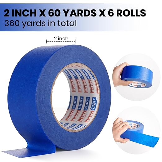 ADHES Upgrade Blue Painters Tape, Masking Tape for Painting 6 Rolls x 2 Inch x 60 Yards, Blue Paint Tape No Residue Outdoor Anti UV Multi Surface Use, Total 360 Yards
