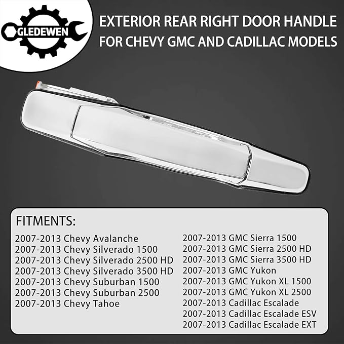 Exterior Chrome Door Handle Rear Right Passenger Side  for 2007-2013 Chevy Silverado Suburban Tahoe Avalanche, GMC Sierra Yukon, Cadillac Escalade  Replaces 22738726, 25960522, 15915660, 80547