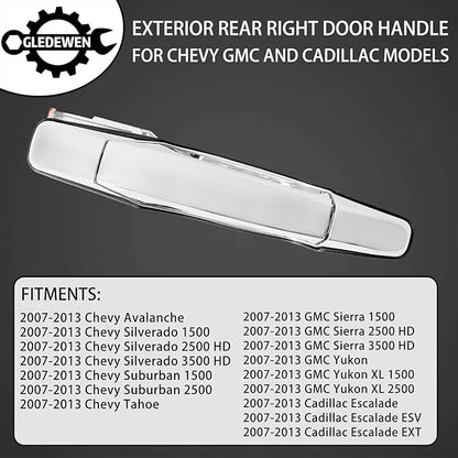 Exterior Chrome Door Handle Rear Right Passenger Side  for 2007-2013 Chevy Silverado Suburban Tahoe Avalanche, GMC Sierra Yukon, Cadillac Escalade  Replaces 22738726, 25960522, 15915660, 80547
