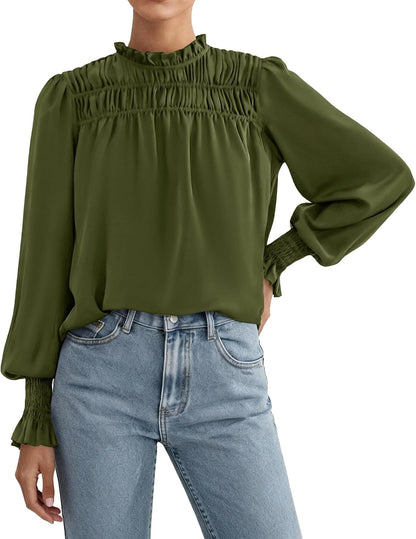 PRETTYGARDEN Blouses for Women Dressy Casual Fall Outfits 2026 Frill Neck Long Sleeve Shirts Satin Work Business Casual Tops