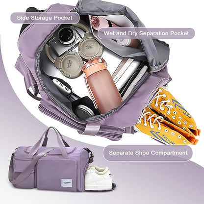 WOOMADA Foldable Travel Duffel Bag with Shoes Compartment, Overnight Bag with Wet Pocket  Trolley Sleeve, Weekender Bags for Women(A-pink leopard)