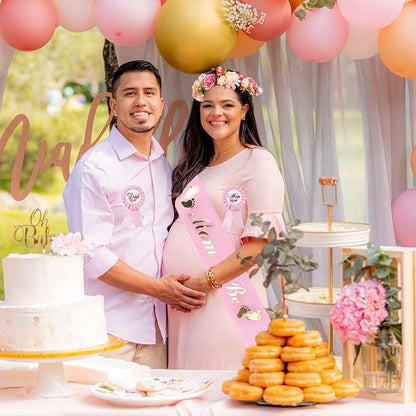 Baby Shower Decoration Adjustable Flower Crown Tiara Mom to Be Sash and Pin Dad to Be Corsage Pin Badge Kit Party Favors for Pregnancy Parents Maternity Girl Boy Gender Reveal Pink