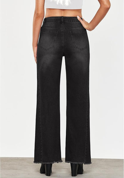 GRAPENT Wide Leg Jeans for Women High Waisted Trendy Strechy Denim Pants Side Seam Frayed Hem Baggy Work Trouser Jeans