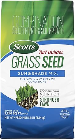 Scotts Turf Builder Grass Seed Sun  Shade Mix with Fertilizer and Soil Improver, Thrives in Many Conditions, 5.6 lbs.