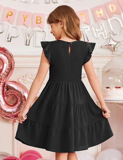 Arshiner Girls Dress Summer Ruffle Sleeve Smocked Tiered Casual Party Sundress with Pockets