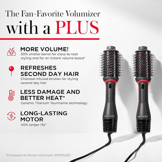 REVLON One-Step Volumizer Plus Hair Dryer and Styler, Enhanced Motor for Less Frizz, More Shine, and Reduced Heat Damage for Salon Style Round Brush for Blowout, Black ( Exclusive)