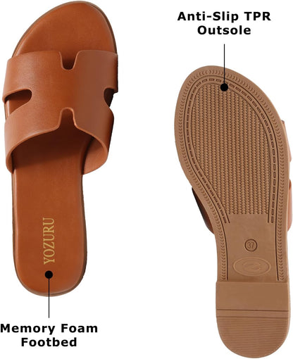 Yozuru Womens Flat Sandals Open Toe Dressy Summer Sandals Comfortable Casual Slip on Leather Slides Sandals for women.