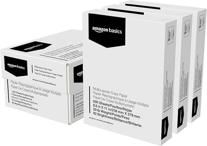 Basics Multipurpose Copy Printer Paper, 8.5" x 11", 20 lb, 3 Reams, 1500 Sheets, 92 Bright, White