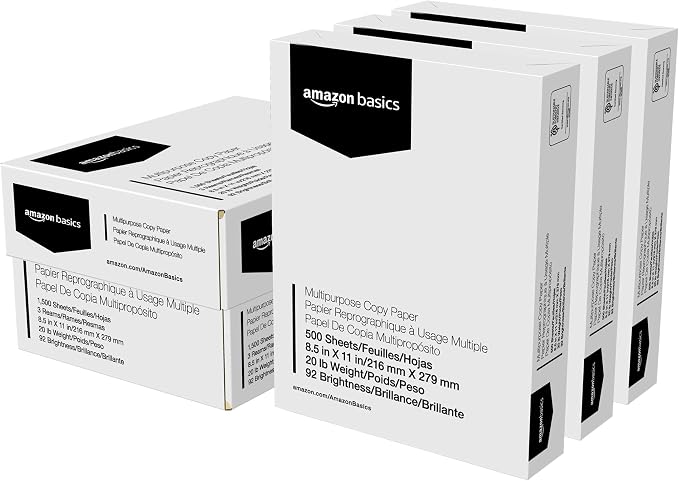 Basics Multipurpose Copy Printer Paper, 20 lb, 8.5 x 11 Inches, 3 Reams (1,500 Sheets), 92 Bright White for Home Use