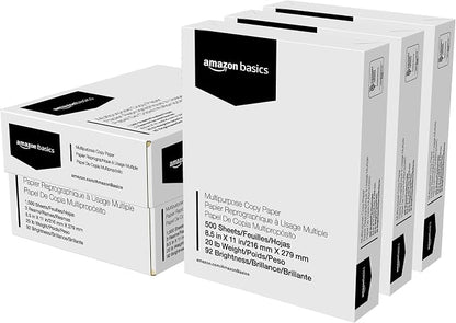 Basics Multipurpose Copy Printer Paper, 20 lb, 8.5 x 11 Inches, 3 Reams (1,500 Sheets), 92 Bright White for Home Use