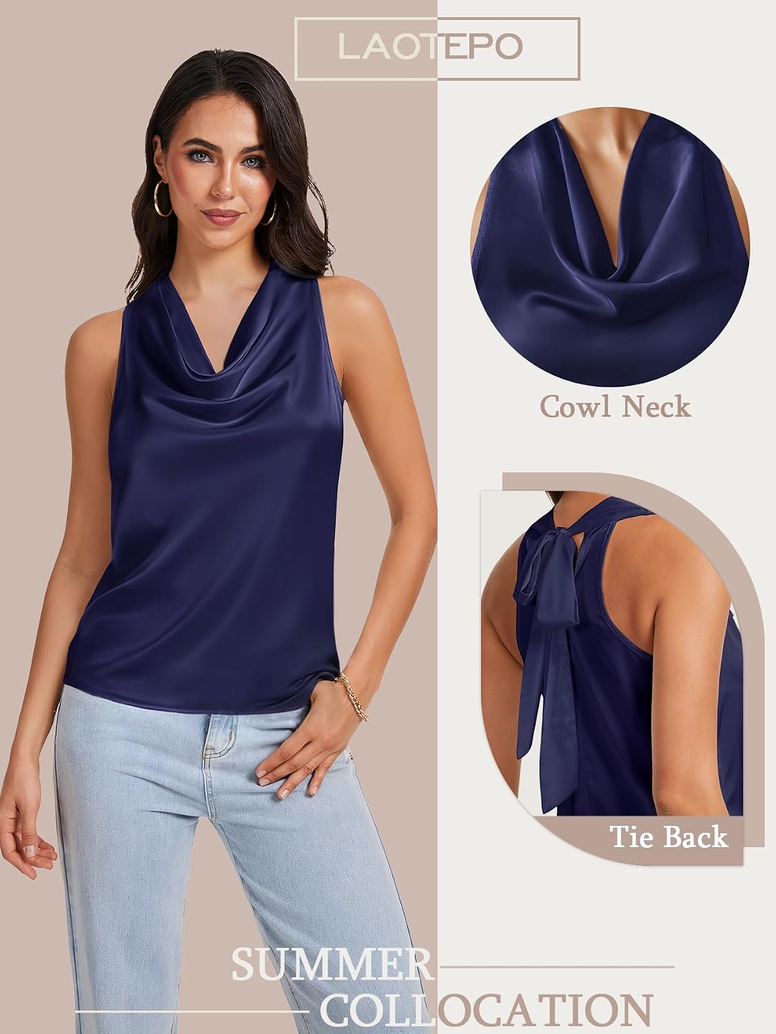 LAOTEPO Cowl Neck Halter Tops for Women Silk Satin Going Out Tank Top Trendy Summer Camisole Business Casual Blouses Outfits