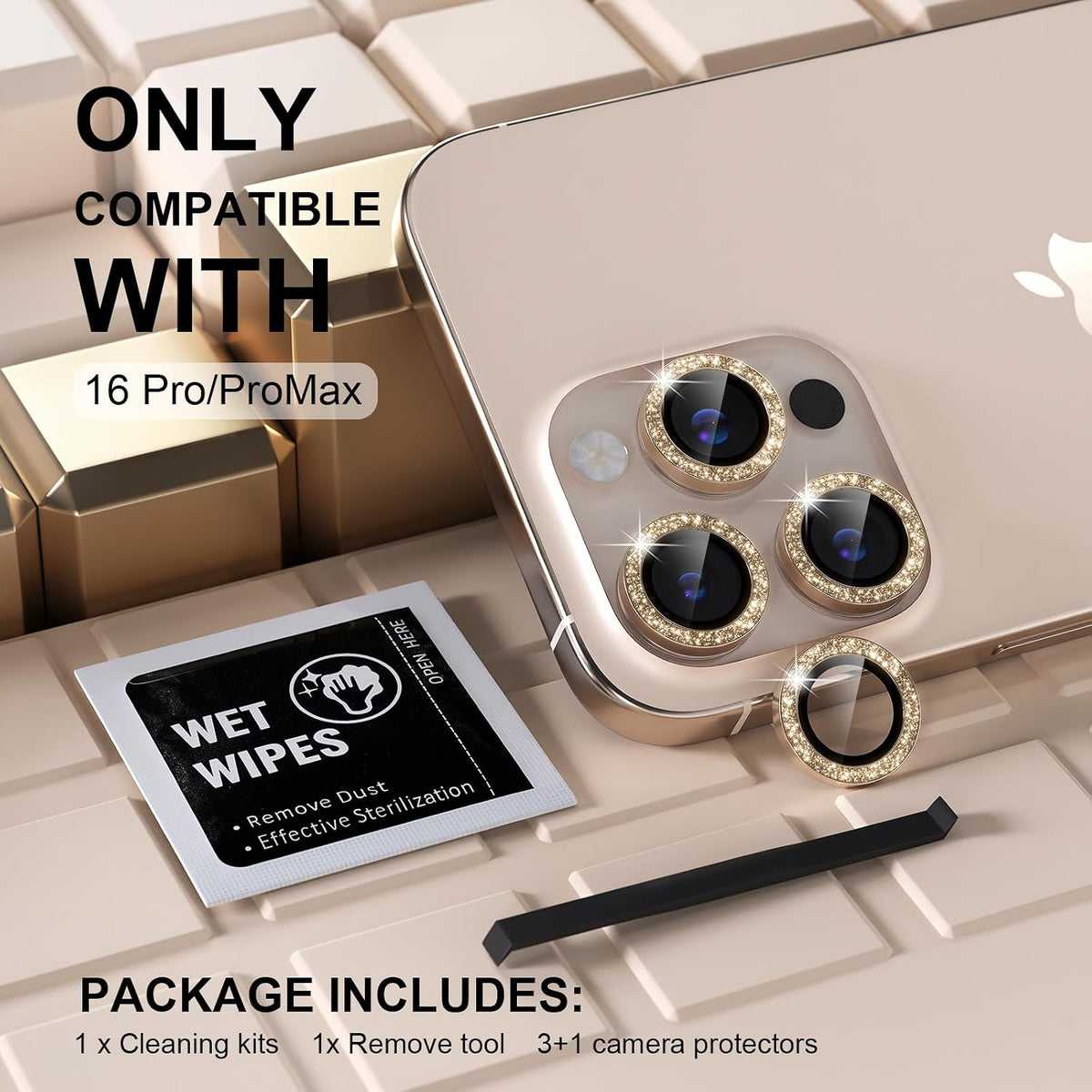 Misea Compatible for iPhone 16 Pro/iPhone 16 Pro Max Camera Lens Protector Bling, 9H Tempered Glass Camera Cover Screen Protector Metal Individual Ring Protector Decoration Accessories, Gold Glitter