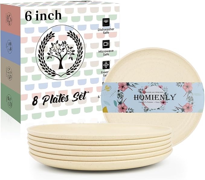 Homienly Plates Set of 8, Wheat Straw Plates, 6Inch Lightweight Unbreakable Dinner Dishes Plates, Mini Dessert Plates, Kids Plates for Snack, Cake - Beige