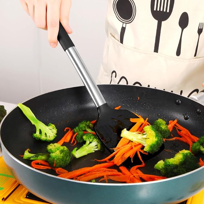 2Pcs Silicone Spatula Slotted Cooking Spatula Food Grade Heat Resistant Dishwasher Safe Frying Fish Eggs Non-stick Pot Cooking Turner Cookware Utensils Kitchen Supplies Black