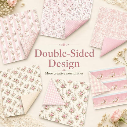 Floral Pink Scrapbook Paper Pad, 6x6 Aesthetic Craft Paper, 24 Sheets Double-Sided Decorative Patterned Decorative Junk Journal Supplies for Mixed Media, Card Making, Decoupage & DIY Art