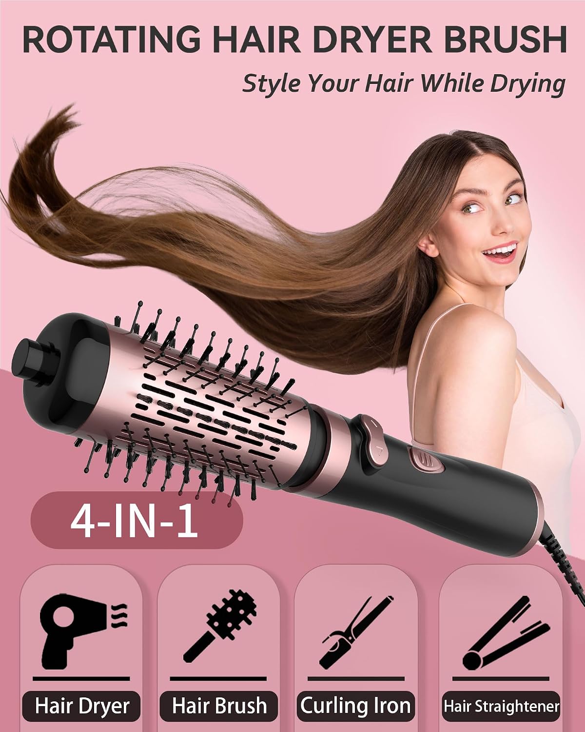 Rotating Hair Dryer Brush, 3-in-1 Hot Air Styler and Rotating Brush, Rotating Blow Dryer Brush with 2 Detachable Brushes(1.5"& 2"), Black