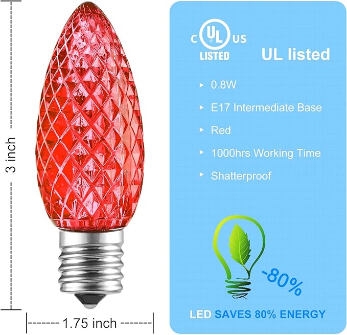 Brightown 93 Pack C9 Led Replacement Christmas Light Bulb, C9 Shatterproof Led Bulb for Christmas String Light, E17 Intermediate Base, Commercial Grade Dimmable Bulbs, Red