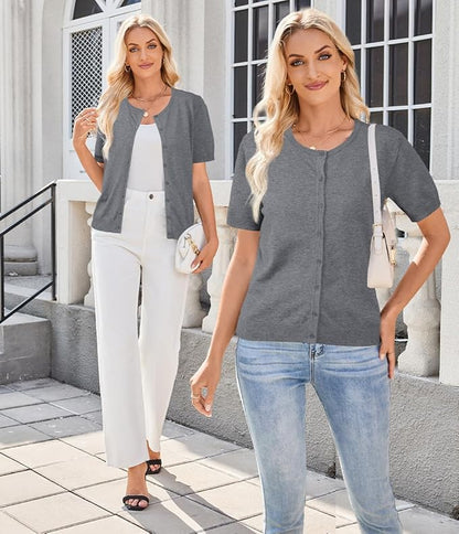 ArachCloz Women's 2025 Summer Lightweight Cropped Cardigan Short Sleeve Crew Neck Bolero Shrug Casual Top